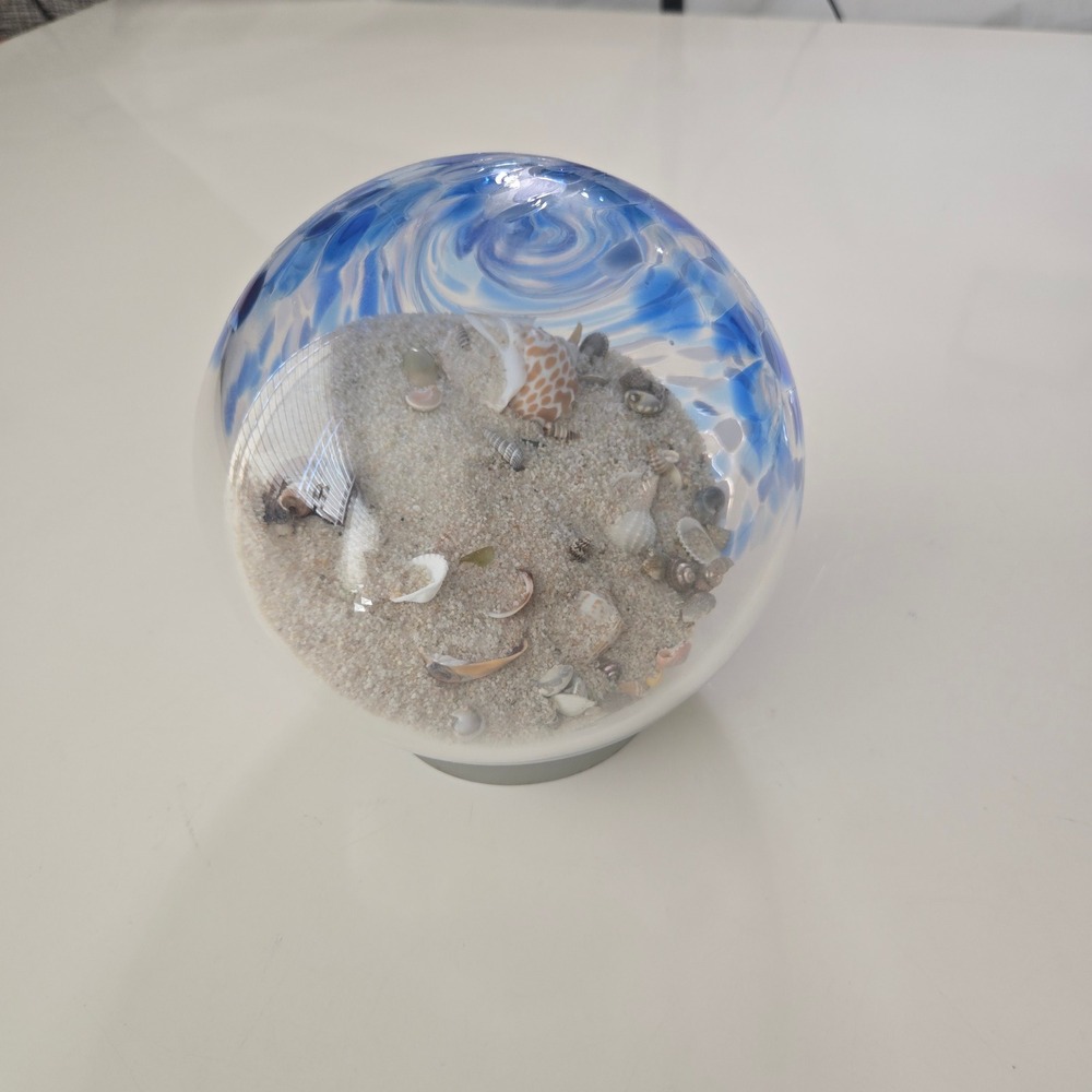 Glass Eye Studio Hand Blown Art Glass Paperweight Ocean Shells Sand Blue Swirl